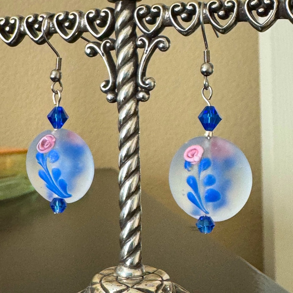 Matte Lampwork Bead Earrings with Flower Design & Blue Crystal Accents